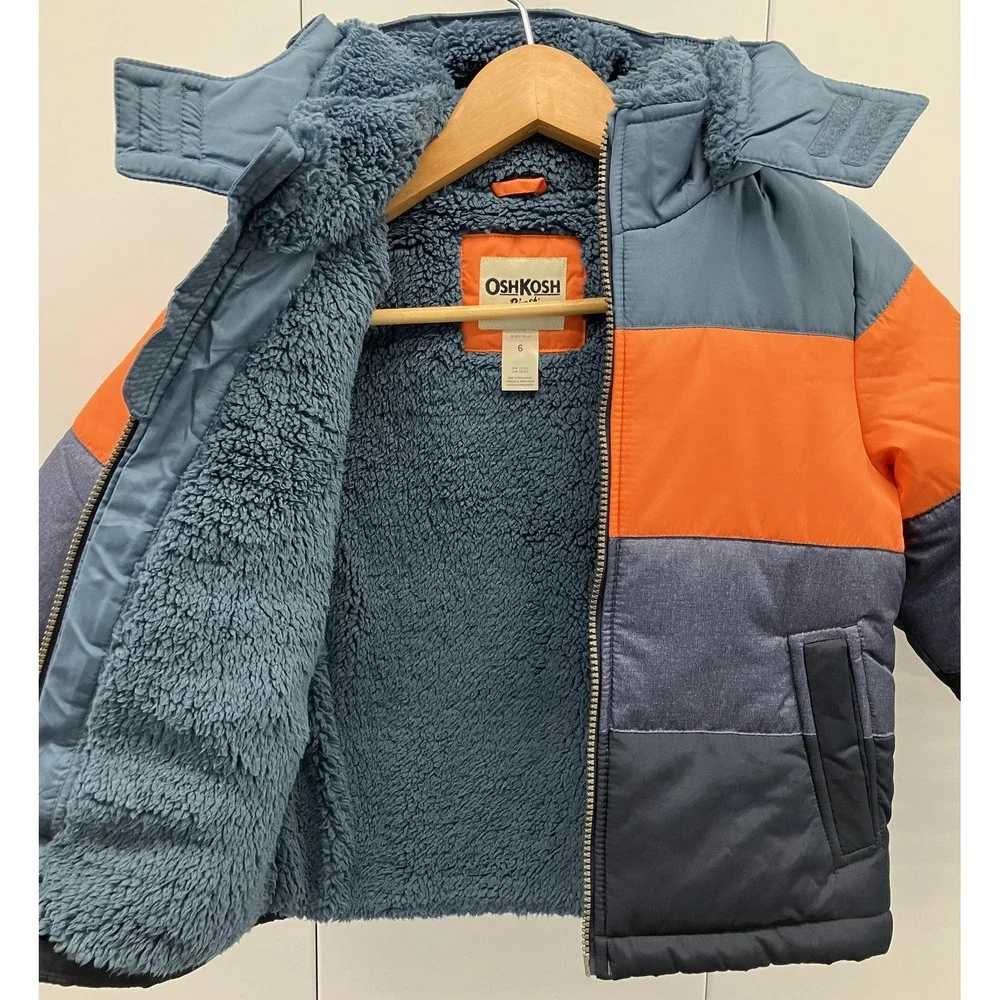 OshKosh B'gosh Jacket Boys 6 Colorblock Hooded Sherpa Puffer‎ Water Resistant